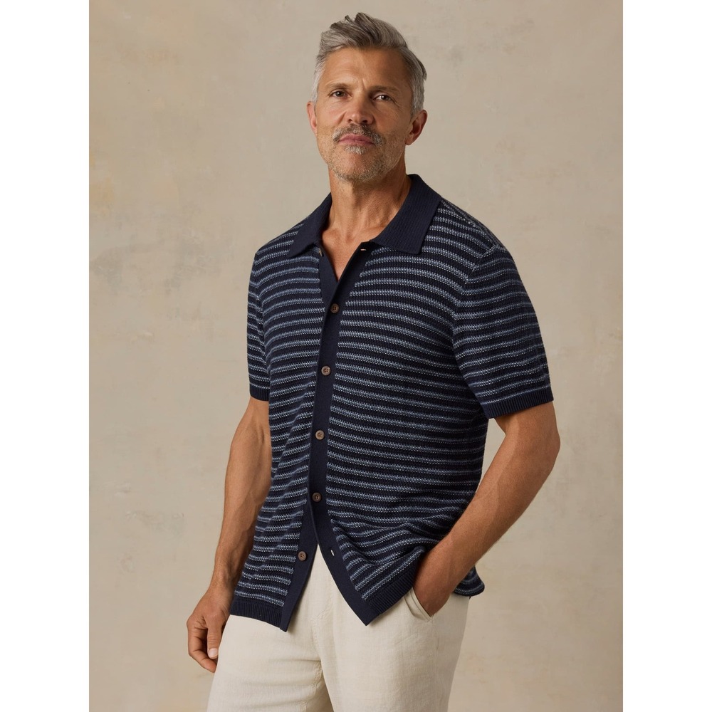 Faherty Mens SS Sweater Shirt Navy Blue Striped Cotton Cashmere 3XLT EYS2500